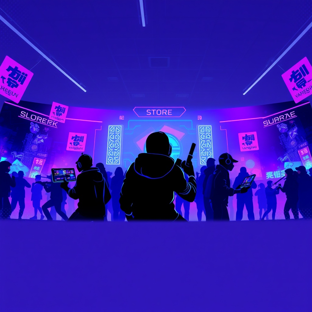 Hero background: neon-lit gaming montage with stylized player silhouettes and UI overlays