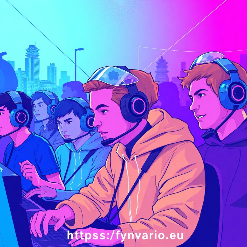 Neon gaming hero banner with players and canonical fynvario.eu watermark
